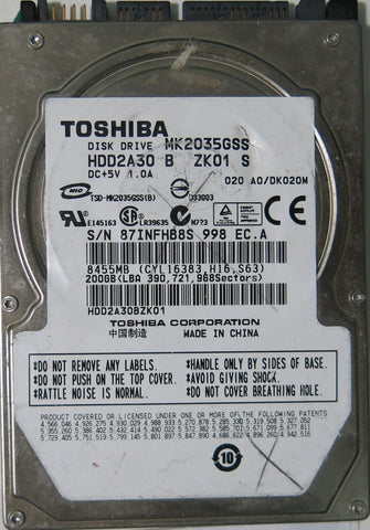 TOSHIBA MK2035GSS HDD2A30 B ZK01 S PCB G5B0015-90000-A,  200.GB