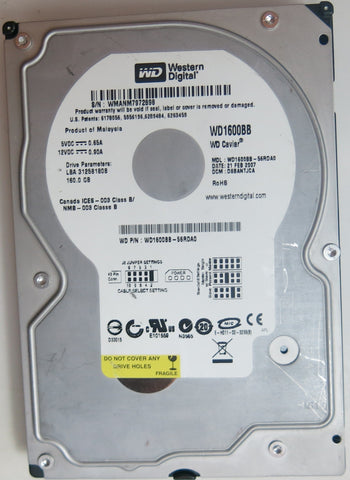 WD1600BB-56RDA0 PCB: 2060-701292-002 REV A SERIAL NUMBER: WMANM7972898 DCM DSBANTJCA 160 GB