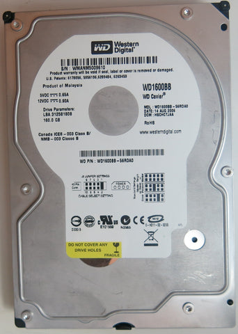 WD1600BB-56RDA0 PCB: 2060-701292-002 REV A SERIAL NUMBER: WMANM5009610 DCM HSCHCTJAA 160GB