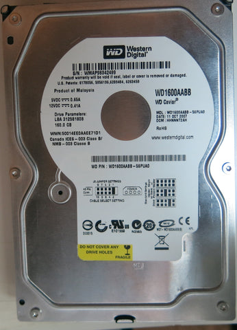 WD1600AABB-56PUA0 PCB: 2060-701494-002 REVB SERIAL NUMBER: WMAP98342499 DCM HHNNNT2AH 160GB