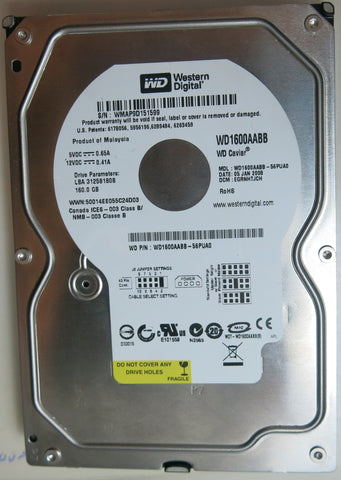 WD1600AABB-56PUA0 PCB: 2060-701494-001 REV A SERIAL NUMBER: WMAP9D151599 DCM EGRNHTJCH 160GB