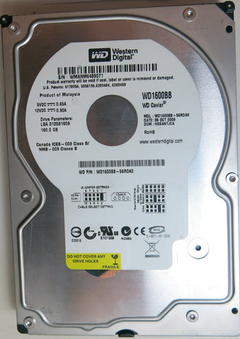 WD1600BB-56RDA0 PCB: 2060-701292-002 REV A SERIAL NUMBER: WMANM6489071 DCM HSBANTJCA 160GB