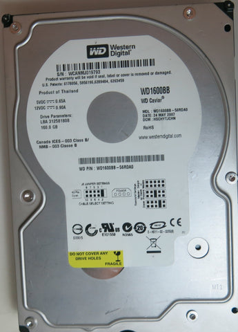 WD1600BB-56RDA0 PCB: 2060-701292-002 REV A SERIAL NUMBER: WCANMJ019793 DCM HSCHYTJCHN 160GB