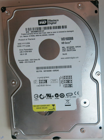 WD1600BB-56RDA0 PCB: 2060-701292-002 REV A SERIAL NUMBER: WCANMC225127 DCM DBCHYTJAAN 160GB