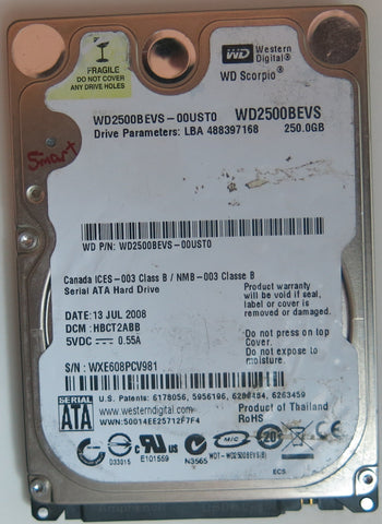 WD2500BEVS-00UST0 PCB: 2060-701499-000 REV A SERIAL NUMBER: WXE608PCV981 DCM HBCT2ABB 250GB