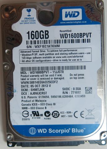 WD1600BPVT-11JJ5T0 PCB: 2060-771820-000 REV A SERIAL NUMBER: WXF1EC1ATKWM DCM SHMTJHK 160GB