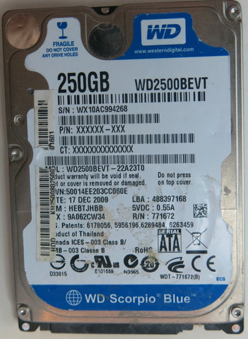 WD2500BEVT-22A23T0 PCB:  2060-771672-001 REV P1 SERIAL NUMBER: WX10AC994268 DCM HEBTJHBB 250GB