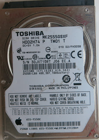 MK2555GSXF HDD2H74 P TW01 T PCB: G002439-0A SERIAL NUMBER: 30JXT1ORTJ06 250 GB