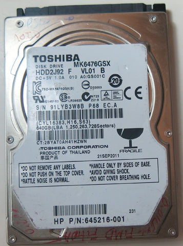 MK6476GSX HDD2J92 F VL01 B PCB: G002825A  SERIAL NUMBER: 91LYB3W8BP68 640 GB