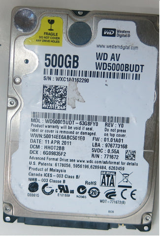 WD5000BUDT-63G8FY0, PCB: 2060-771672-004 REV A, SERIAL NUMBER: WXC1A3162290, FW HHOT2BB, 500 GB