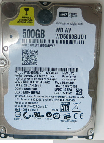 WD5000BUDT-63G8FY0, PCB: 2060-771672-004 REV A, SERIAL NUMBER: WXW1EB0EMWX5, FW DBOT2BB, 500 GB