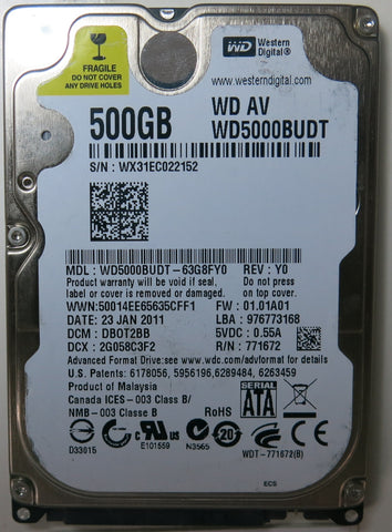 WD5000BUDT-63G8FY0, PCB: 2060-771672-004 REV A, SERIAL NUMBER: WX31EC022152, FW DB0T2BB, 500 GB
