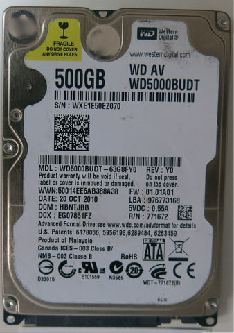 WD5000BUDT-63G8FY0 PCB: 2060-771672-004 REV A SERIAL NUMBER: WXE1E50EZ070 FW HBNTJBB 500 GB