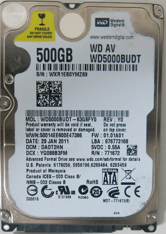 WD5000BUDT-63G8FY0 , FW DA0T2HN 500,GB , PCB:2060-771672-004 REV A, Serial Nunber WXR1EB0YMZ89,