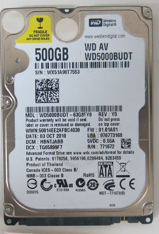 WD5000BUDT-63G8FY0,  PCB: 2060-771672-004 REV A,  SERIAL NUMBER: WX51A90T7553,  FW HBNTJABB,  500GB