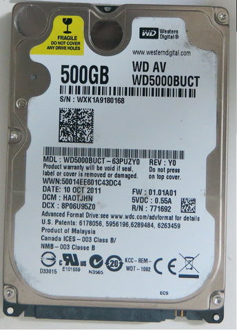 WD5000BUCT-63PUZY0, PCB: 2060-771692-005 REV A, SERIAL NUMBER: WXK1A9180168, FW HA0TJHN, 500 GB