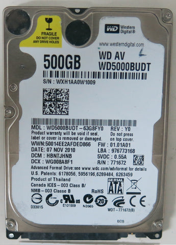 WD5000BUDT-63G8FY0, PCB: 2060-771692-005 REV A, SERIAL NUMBER: WXH1AA0W1009, FW HBNTJHNB, 500GB
