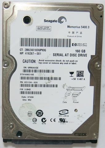 ST9160821AS, PCB: 100398689 REV C, SERIAL NUMBER: 5MA302QC, PN: 9S1134'020, FW: 3.BHD, 160GB,