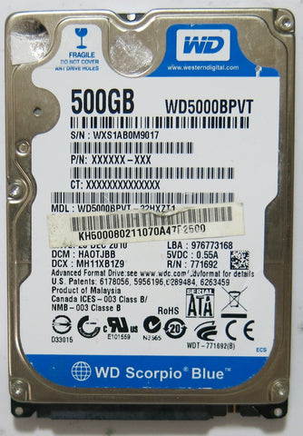 WD5000BPVT-22HXZT1 PN FW MH11XB1Z9 500GB