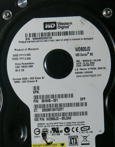 WESTERN DIGITAL WD800JD-60LSA0 PN FW HSCANTJCA 80.GB