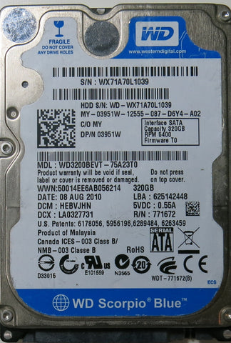 WESTERN DIGITAL WD3200BEVT-75A23T0 PN FW HEBVJHN 320.GB