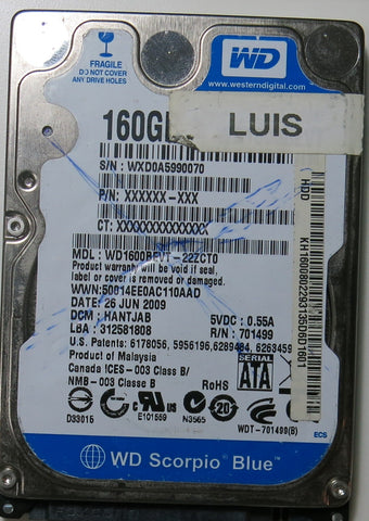 WESTERN DIGITAL WD1600BEVT-22ZCT0 PN FW HANTJAB 160.GB