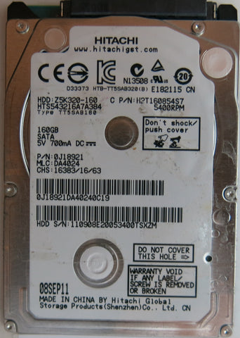 HTD543216A7A384, PN:0J8921 , MLC:DA4024 , PCB: 220 0A90269 01, SERIAL NUMBER: 110908E20053400TSXZM, 160GB 2.5