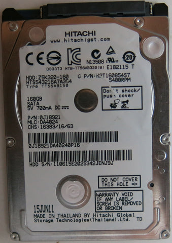 HTD543216A7A384,  PN: 0J8921  MLC:DA4024 PCB: 220 0A90269 01, SERIAL NUMBER: 110615E2025342JENJ9J, 160GB 2.5