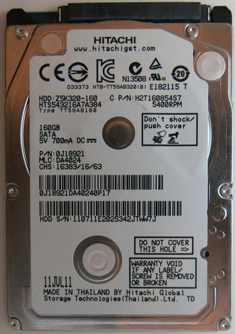 HTD543216A7A384, PN:0J8921 MLC: DA4024 , PCB: 220 0A90269 01, SERIAL NUMBER: 110711E2025342JTWW7J, 160GB 2.5