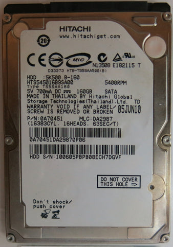 HTS545016B9SA00, PN: 0A70451 MLC: DA2987 PCB: 220 0A90161 01, SERIAL NUMBER: 100605PBPB08ECH7DGVF, 160GB 2.5