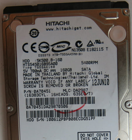 HTS545016B9SA00, PN: 0A70451, MLC:DA2987 , PCB: 220 0A90161 01, SERIAL NUMBER: 100612PBPB08ECDG51PF, 160GB 2.5
