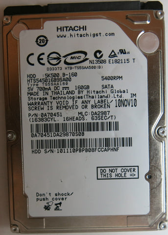 HTS545016B9SA00, PN: 0A70451, MLC: DA2987, 160GB, PCB: 220 0A90161 01, SERIAL NUMBER: 101110PBPB08FCCAPHNF,