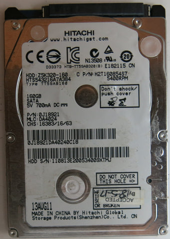 HTS543216A7A384, PN: 0J18921, MLC: DA4024,  160GB, PCB: 220 0A90269 01, SERIAL NUMBER: 110813E200534009XTMJ,