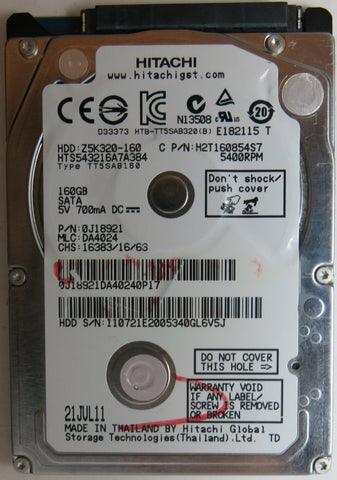 HTS543216A7A384, PN: 0J18921, MLC: DA4024, 160GB, PCB: 220 0A90269 01, SERIAL NUMBER: 110721E2005340GL6V5J,