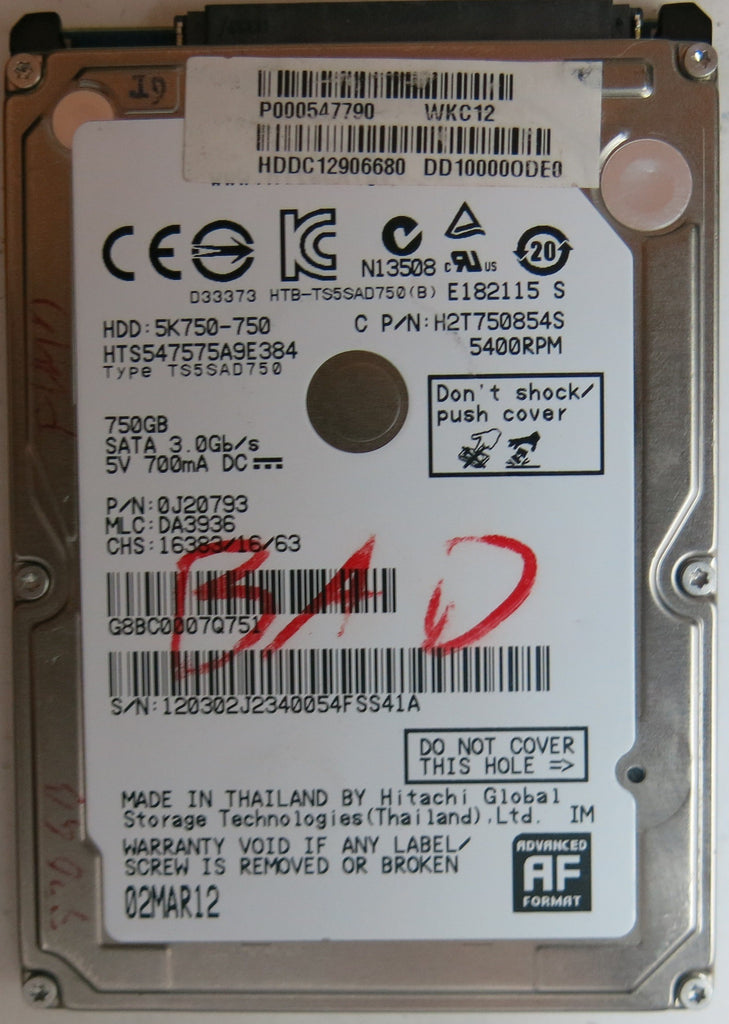 HITACHI HTS547575A9E384 PN 0J20793 MLC DA3936, 750GB – +DR DATA