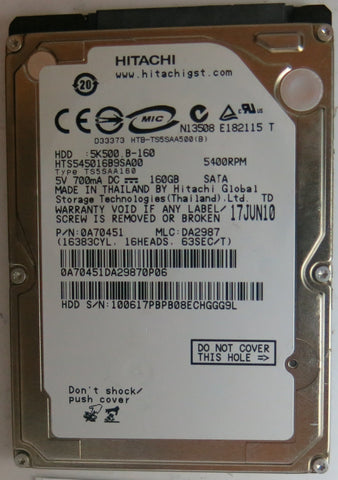 HTS545016B9SA00, PN: 0A70451,  MLC: DA2987, 160GB, PCB: 220 0A90161 01, SERIAL NUMBER: 100617PBPB08ECHGGG9L,