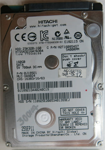 HTS543216A7A384, PN: 0J18921,  MLC:DA4024,  160GB, PCB: 220 0A90269 01, SERIAL NUMBER: 110925E200534013S9EJ,