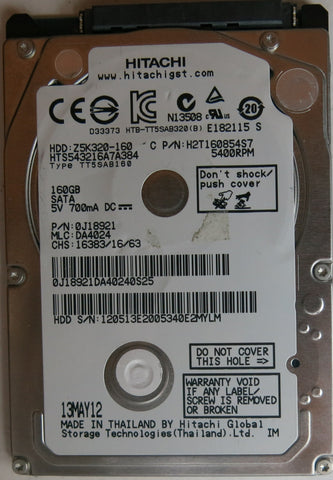 HTS543216A7A384, PN: 0J18921, MLC: DA4024, 160GB, PCB: 220 0A90269 01, SERIAL NUMBER: 120513E2005340E2MYLM,