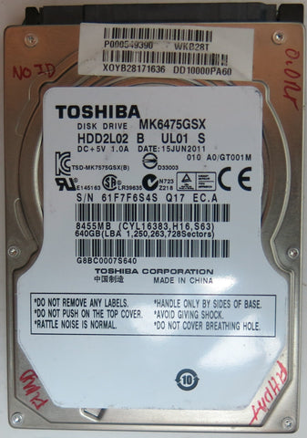 MK6475GSX HDD2L02 B UL01 S, PCB: G002825A , SERIAL NUMBER: 61F7F6S4SQ17, 640GB,