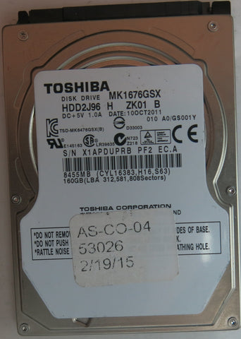 MK1676GSX HDD2J96 H ZK01 B, PCB: G002825A , SERIAL NUMBER: X1APDUPRBPF2, 160 GB,