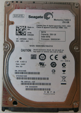 ST9250315AS, PCB: 100536286 REV E, SERIAL NUMBER: 6VC5798B, PN: 9HH132-036, FW: D005DEM1, 250 GB,