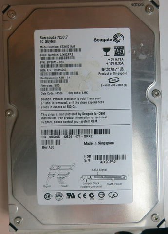 ST340014AS PCB: 100306336 REV A SERIAL NUMBER: 3JX9GPR2 PN 9W2015-033 FW 8.05 40 GB
