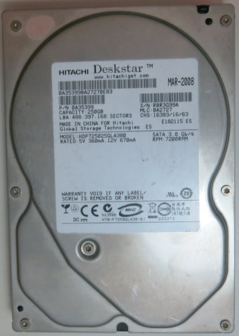 HDP725025GLA380 PCB: 110 0A90026 01 SERIAL NUMBER: RBR3G99A  PN 0A35399 FW BA2727 250 GB
