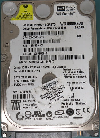 WD1600BEVS-60RST0, DCM HHCTJHNB, 160GB 2.5