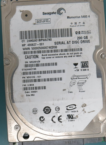 ST9200827AS, Part Number:  9DG13G-021, FW: 3.BHA, 200GB 2.5