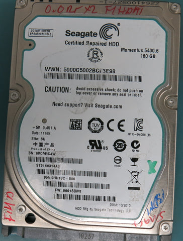 ST9160314AS, Part Number:  9HH13C-500, FW: 0001SDM1, 160GB 2.5