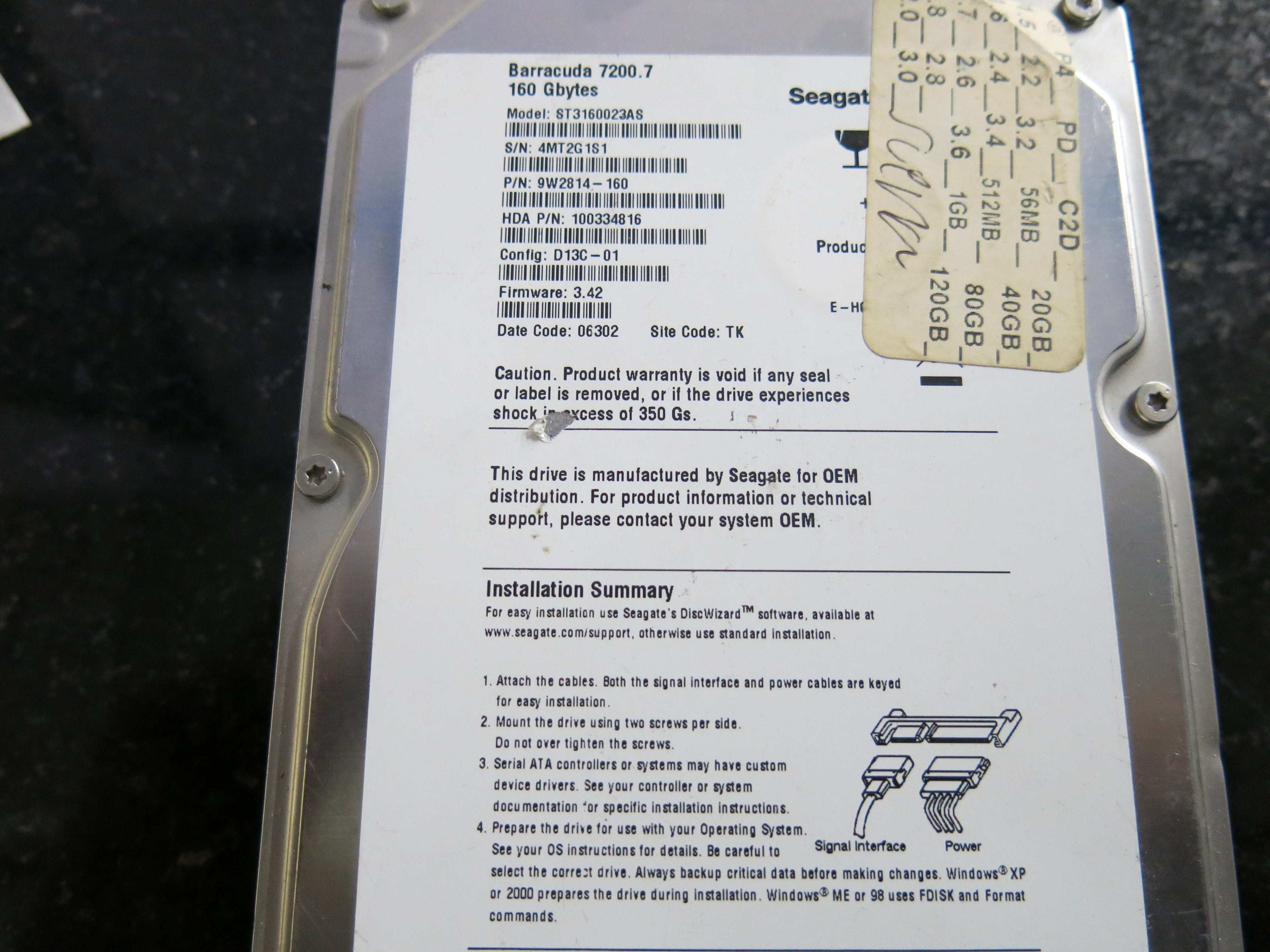 PCB: 1003311799, MODEL: ST3160023AS, SERIAL: 4MT2G1S1, PN: 9W2814-160