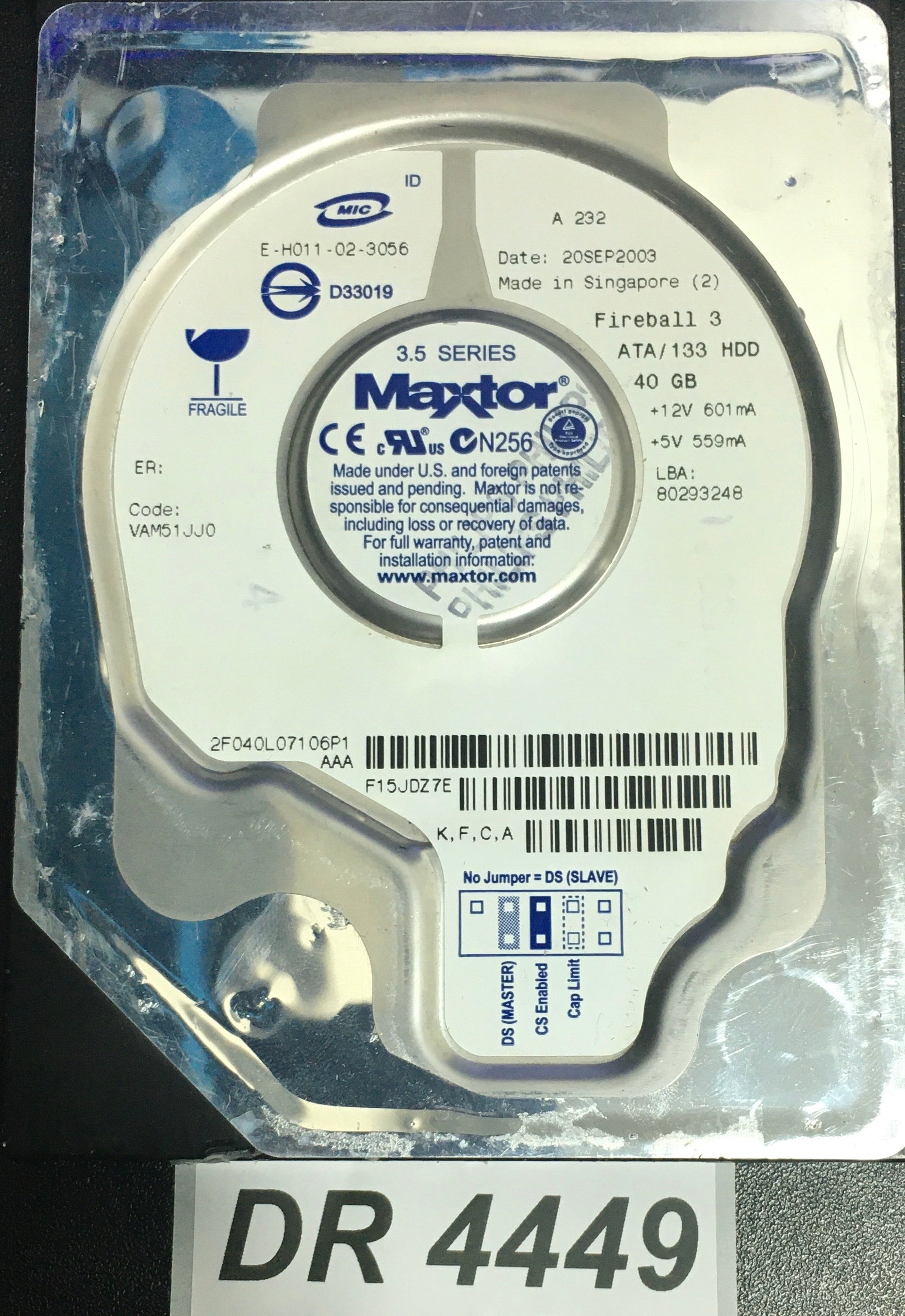 2F040L07106P1    Serial: F15JDZ7E  40GB 3.5  PCB: 301525101 REV A