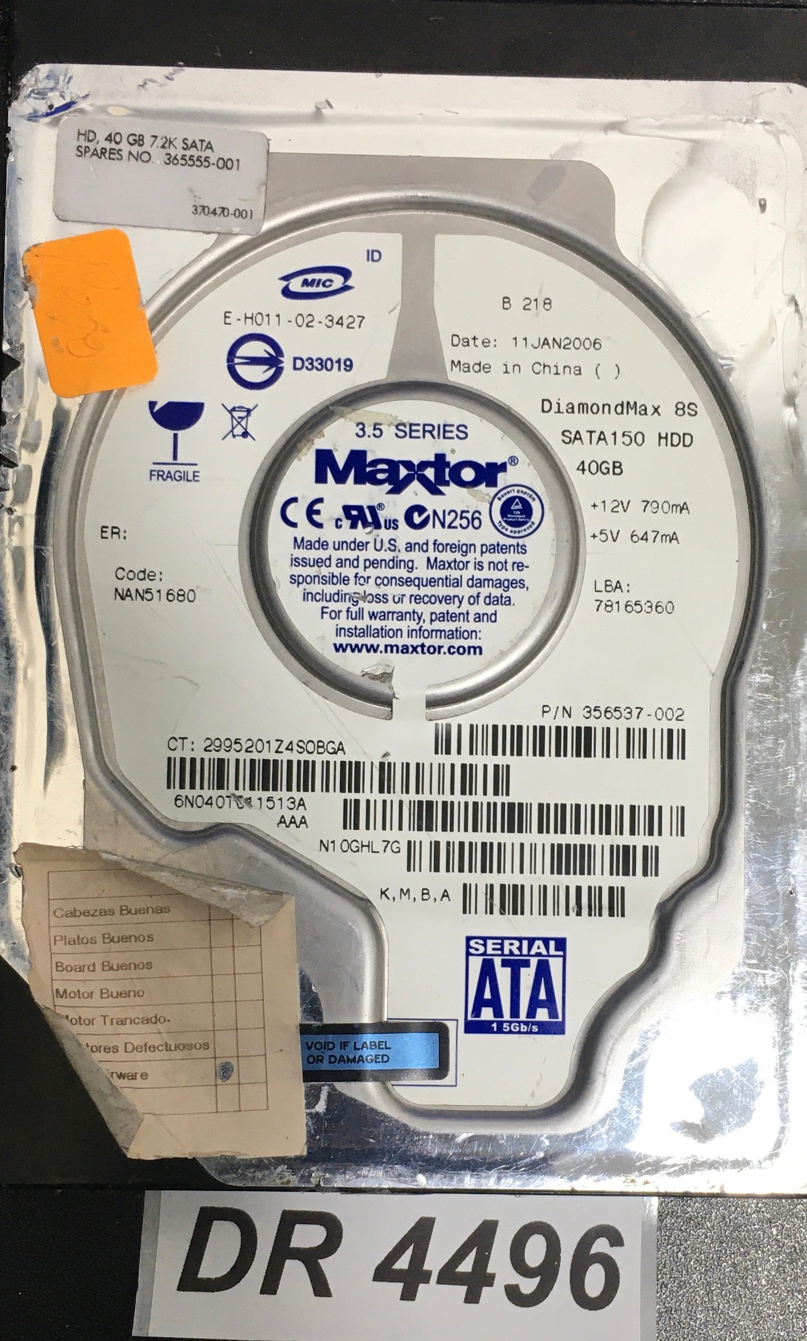 6N040T541513A  P/N:356537-002  Serial:N10GHL7G  40GB 3.5  PCB: 302067103 REV A
