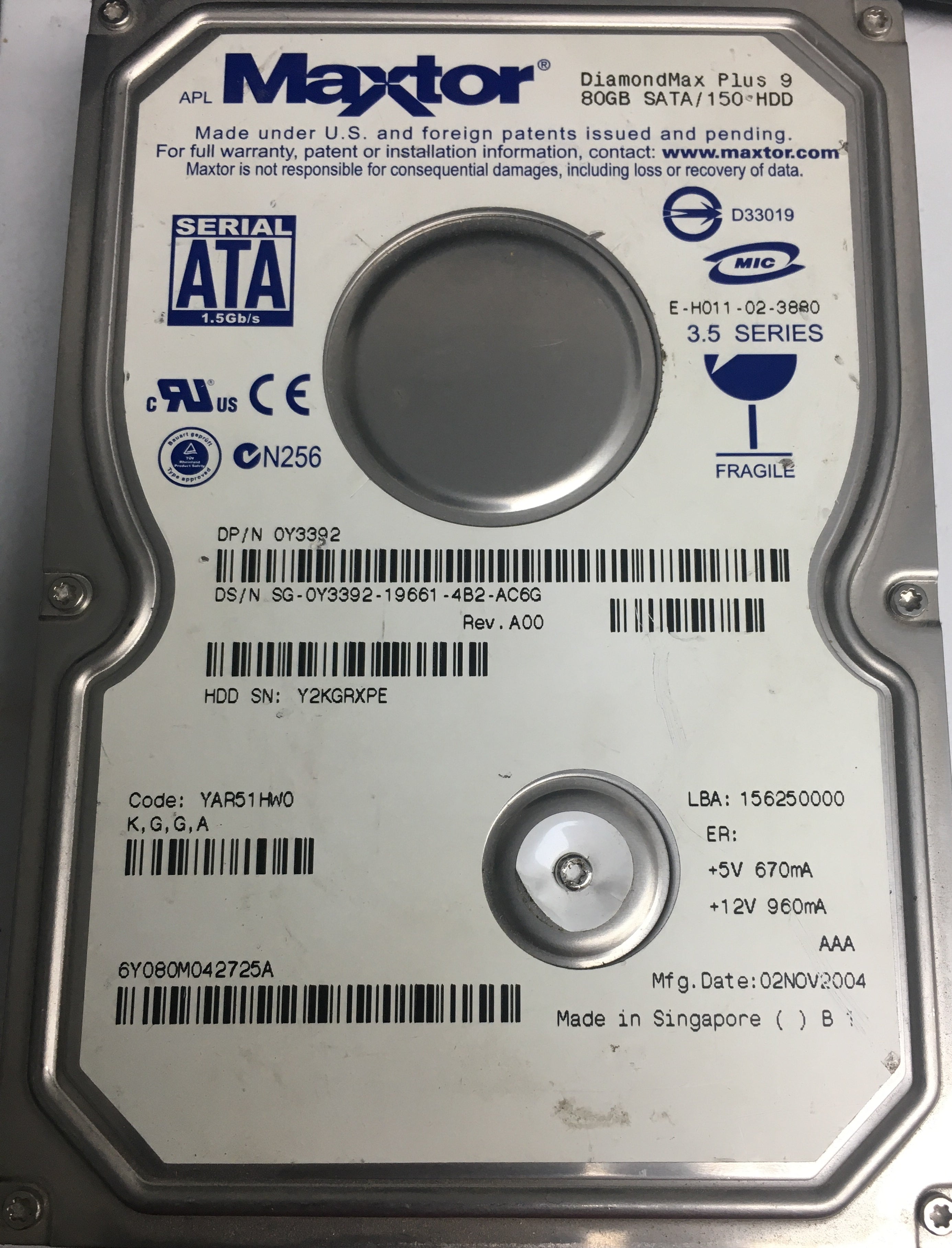 6Y080M042725A, Serial Number: 0Y3392-19661-4B2-AC6G, 80GB 3.5, PCB: 301861101